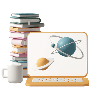 Books and a mug next to a laptop screen showing planets